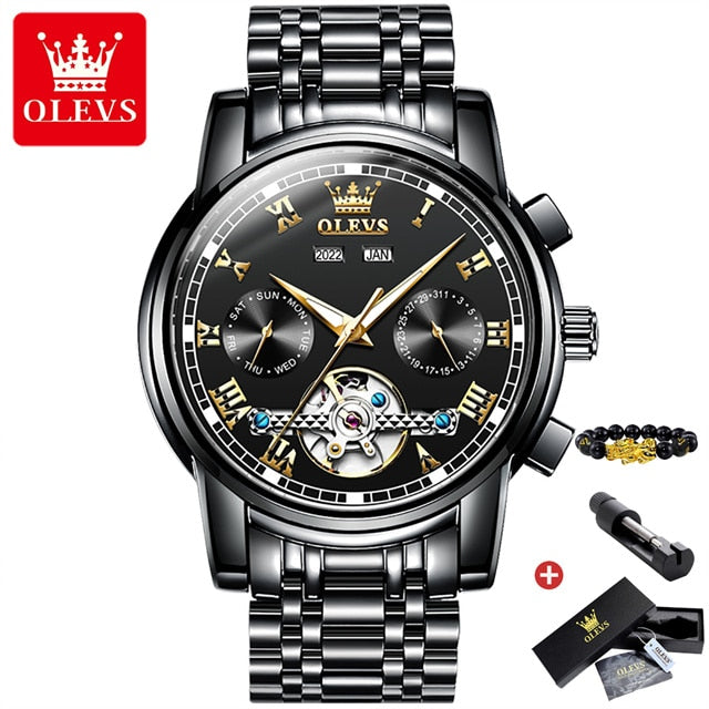 OLEVS Automatic Mechanical Watch for Men Date Calendar Skeleton Wristwatch Stainless Steel Classic Business Men&