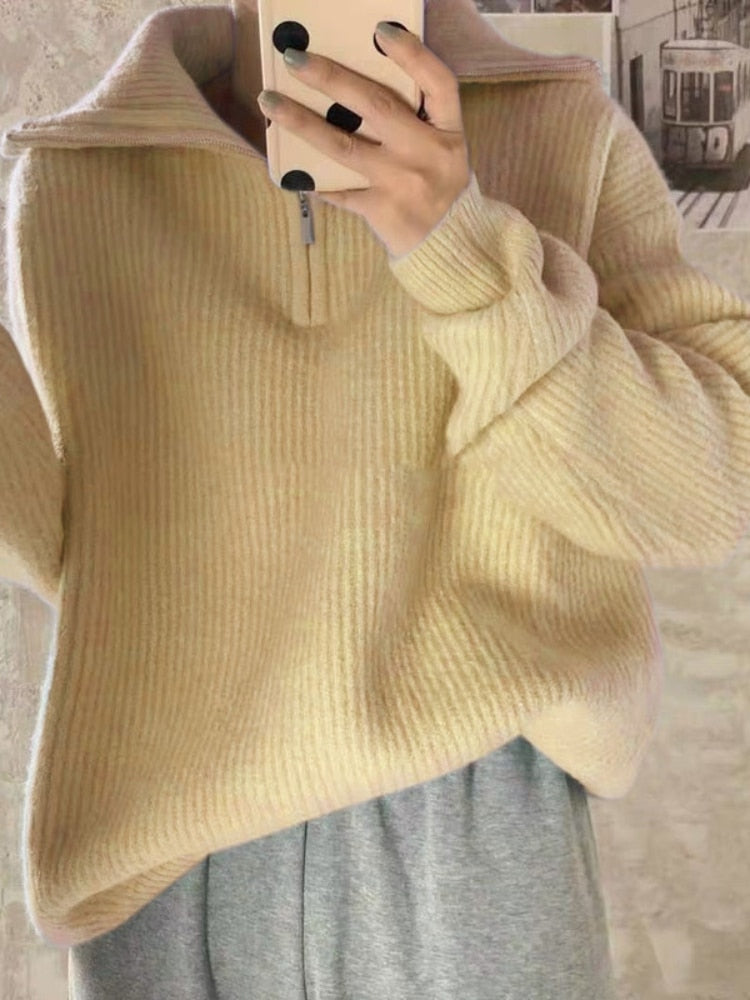 Women Sweater Oversize Zipper Knitted Pullover Long Sleeve Solid Color Loose Ladies Sweaters Autumn Winter Women&