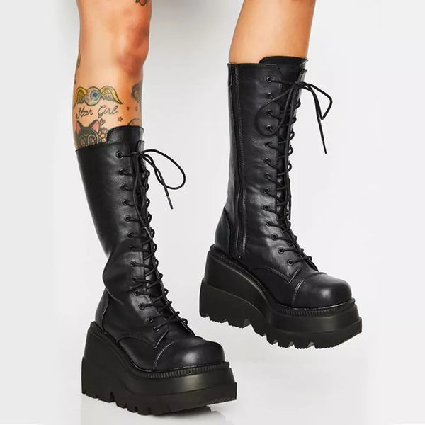 Punk Style Women Platform Boots Elastic Microfiber Chunky Heel Mid-calf Ladies Boots Autumn Winter Brand Black Goth Woman Shoes