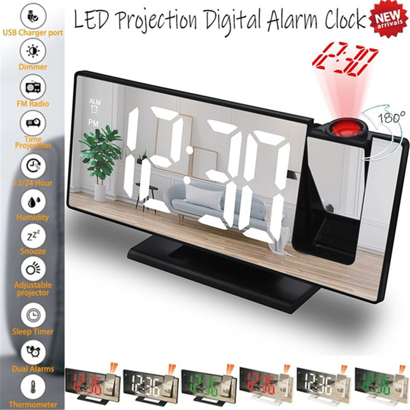 LED Digital Projection Alarm Clock Table Electronic Temperature Display Backlight Snooze Ceiling Clocks for Home Bedroom Timer