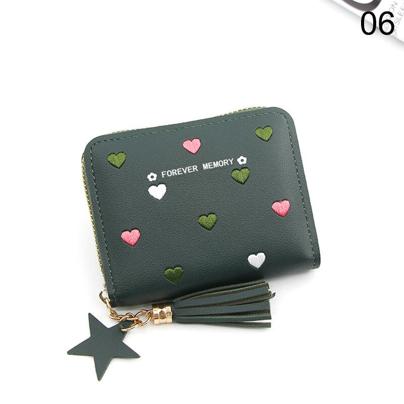 Heart-shaped Spots Women Mini Tassel Wallet Ladies Cute Girl Short Zipper Lovely PU Leather Coin Purse Female Money Bag