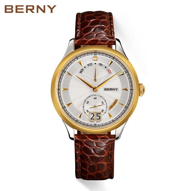 Berny 18K Gold Men Watches Swiss Movement Quartz Wristwatch Day Date Calendar Luxury Business Style Wateproof Relogio Masculino