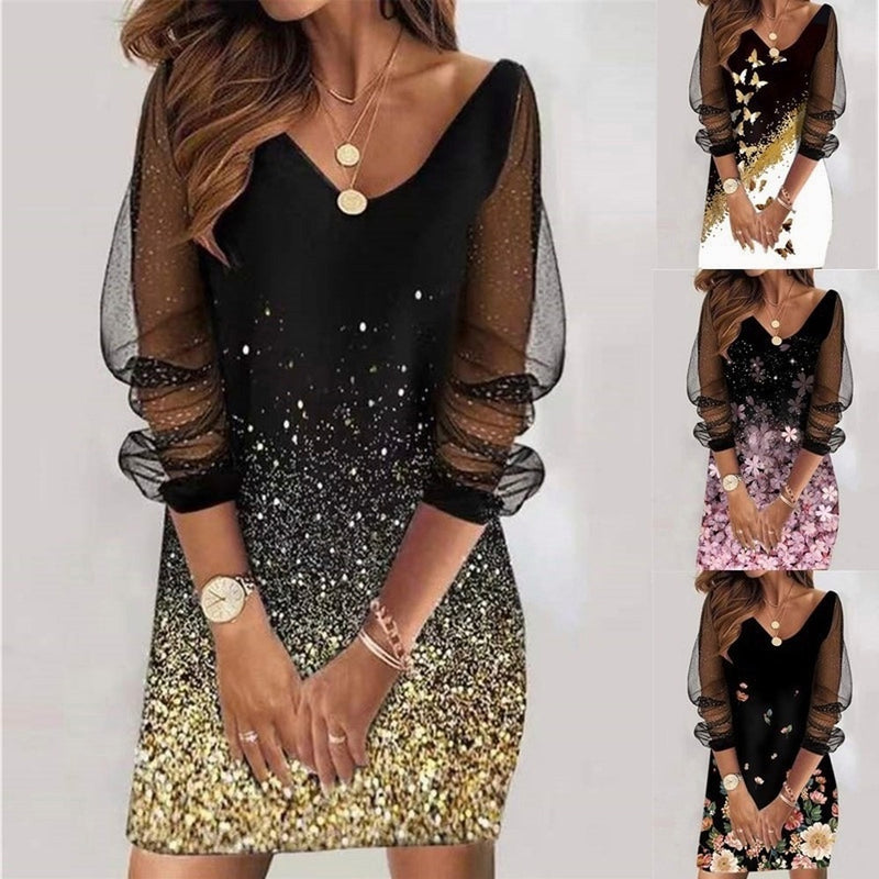 Ladies Plus Size Dress Casual Elegant A-Line Dress Party Dress Metal Belt Butterfly Print Cutout Long Sleeve Lace V Neck Dress