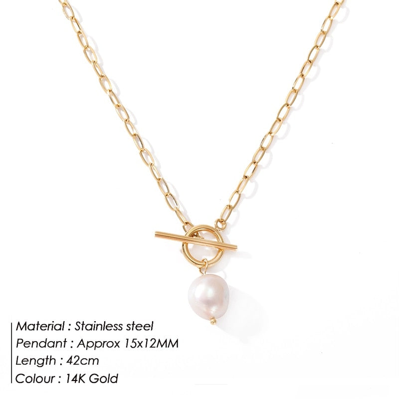 SUNIBI Trendy Freshwater Pearl Necklace for Women Wedding Stainless Steel Pendant Necklaces Gold Color Chain Jewley Wholesale