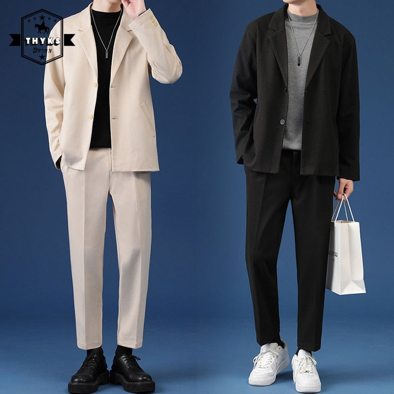 Male Casual Suit Luxury Jackets Blazer Set Streetwear Stylish Korean 2 Pieces Sets with Pants Za 2022 Spring Overcoat &amp; Trousers