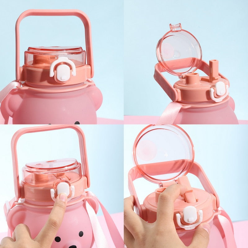 Cute Kawaii Water Bottle for Girl Bear Plastic Pink Korean Plastic Large Sports School Drinking Bottle With Strap Straw