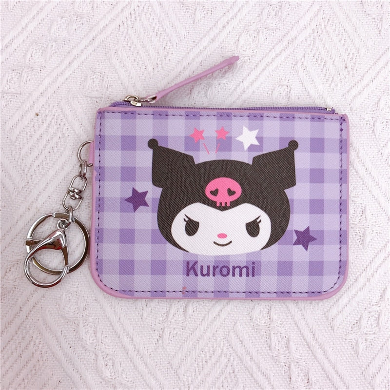 Kawaii  Sanrio Cartoon Bag Cinnamoroll Melody Pachacco Pom Pom Purin Kuromi Leather Card Holder Cute Coin Purse Keychain Pendant