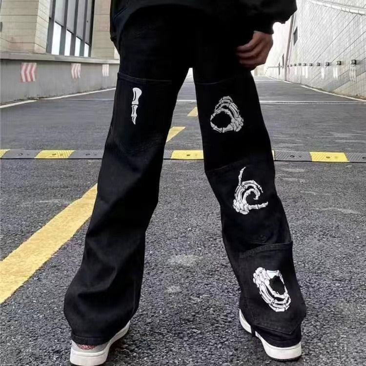 Y2K Retro Embroidered Denim Trousers Men&#39;s High Street Wide Leg Pants Street Loose Casual Jeans Letter Patch Pants Men&#39;s