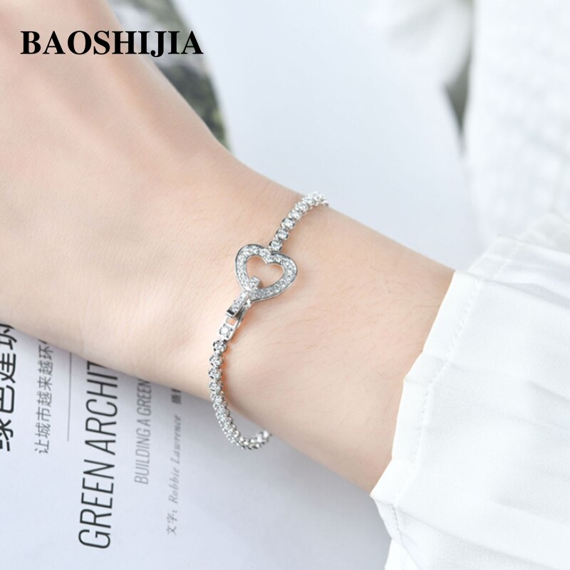 BAOSHIJIA Solid 18k White Gold Love Bracelet Eternal Diamonds Beautiful Luxury Women&