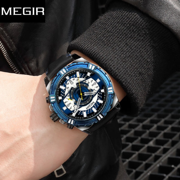 MEGIR Men&#39;s Original Casual Quartz Chronograph Military Sport Leather Wristwatch Man Relogios Date Calendar Luminous Hand Clock