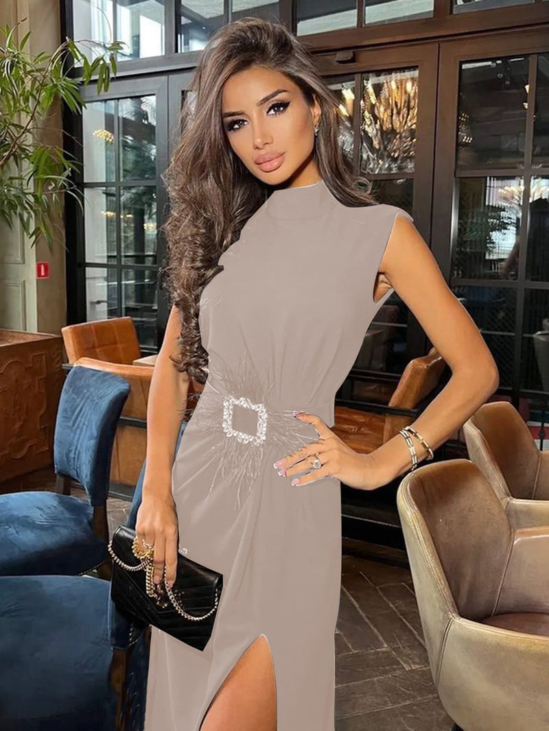 Fashion Black Feather Split Midi Dress 2022 New Summer Women's Sexy Sleeveless Belted Celebrity Club Party Dress Vestidos