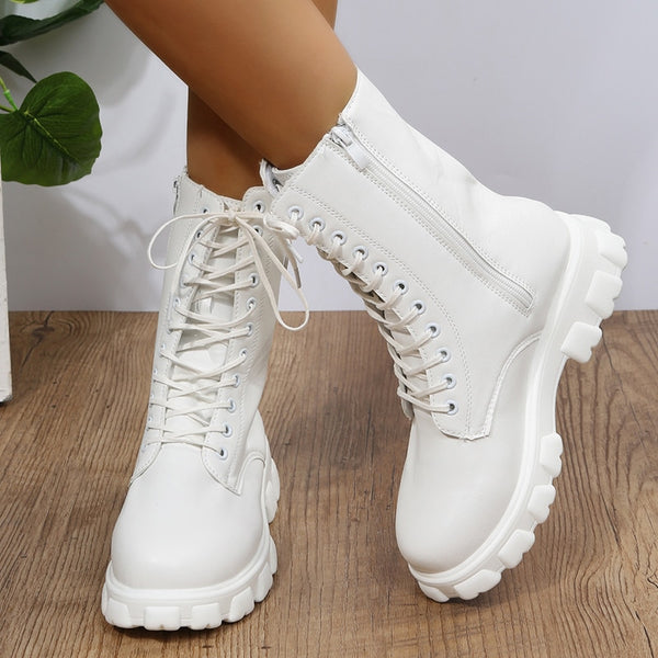 Women Motorcycle Boots Wedges Flat Shoes Woman High Heel Platform PU Leather Boots Lace Up Women Shoes Black Boots Girls