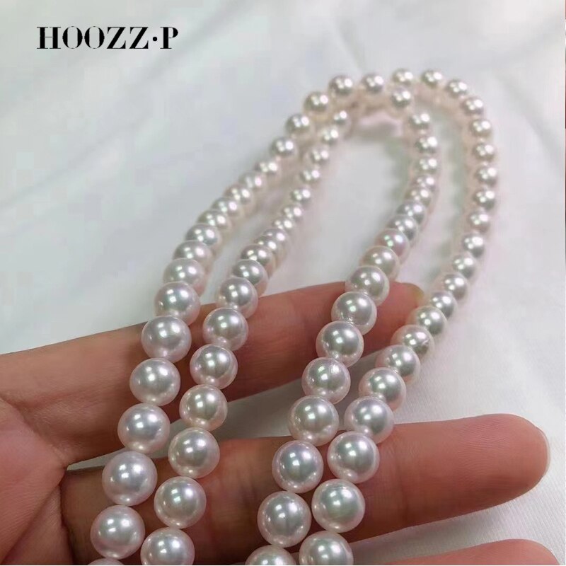 HOOZZ.P 7.5-8mm AA Quality Akoya Pearl Necklace Luxury Jewelry For Women Gift Japanese Sea Cultured White Pearly 14K Yellow Gold