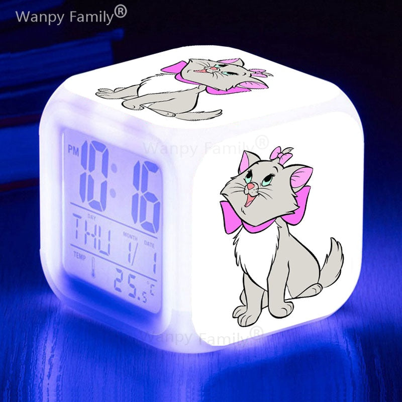 Cute Marie Cat Alarm Clock 7 Color Glowing LED Digital Clock Kids Room Touch Sensing Small Night Lamp Desk Clock Gift For Child