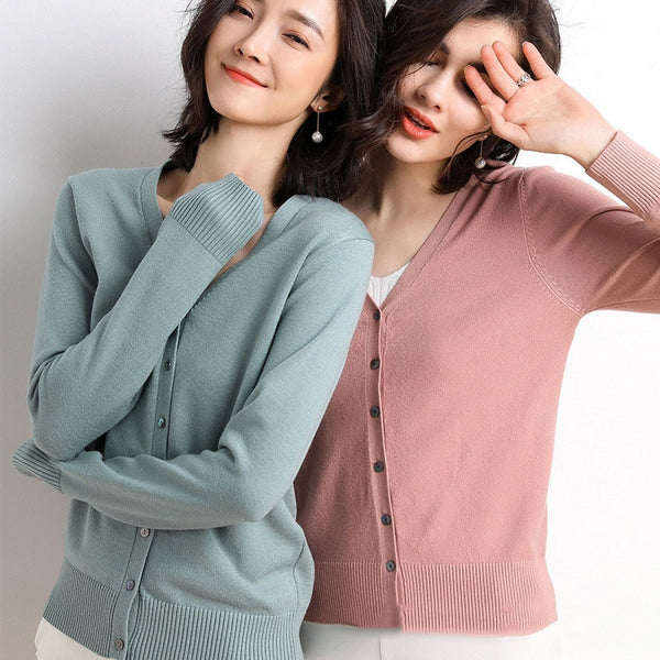 Cardigans Women 2022 Autumn Single Breasted V-neck Knitted Sweater Fashion Short Knitwear Solid Blue Green Pink Women&#39;s Jumpers