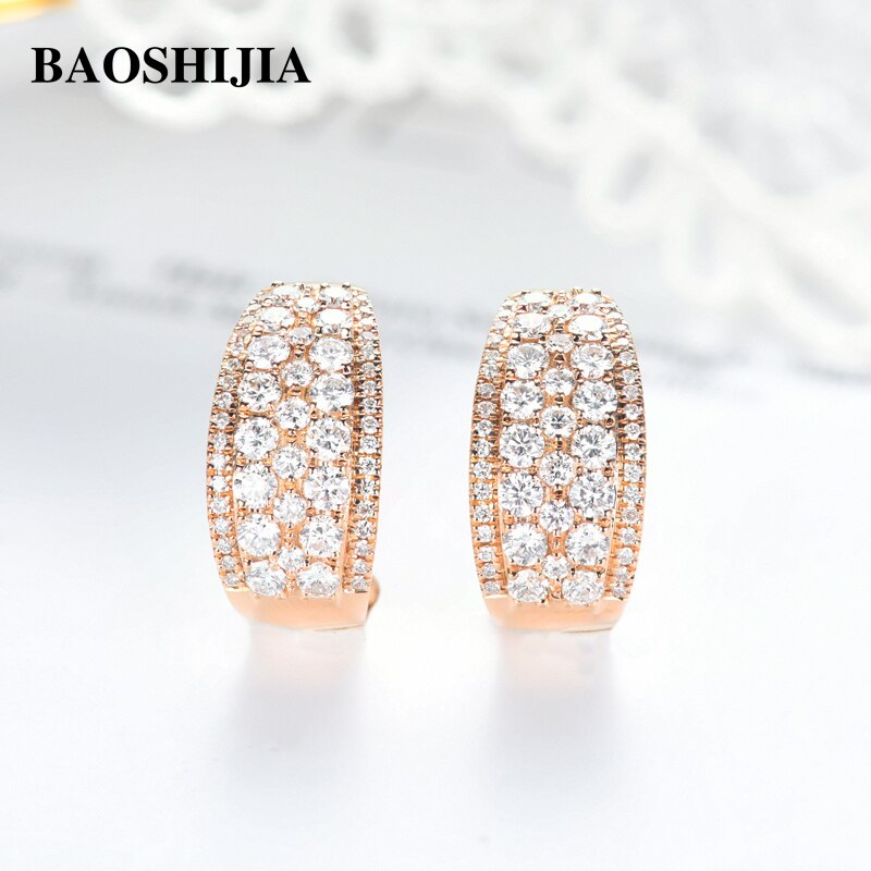 BAOSHIJIA Luxurious Eternal Diamond Stud Earrings Solid 18k White/Rose Gold Delicate Jewelry Exquiste Art Deco Antique