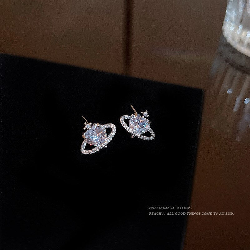 Korea Simple Sweet Cool Wind Planet Love Zircon Stud Earrings 2022 Young Luxury Earrings Elegant Women's Jewelry Accessories