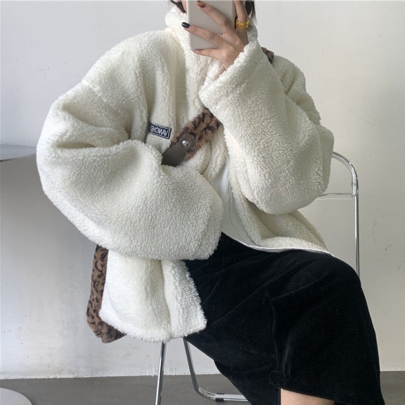 Rimocy Harajuku Two Sides Wear Lamb Wool Coat Women 2022 Autumn Winter Zipper Up Plush Jacket Woman Stand Collar Warm Jackets