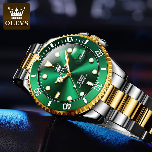 OLEVS Automatic Mechanical Wristwatch Military Sport Date Stainless Steel Male Clock Top Brand Luxury Gold Green Men Watch 6650