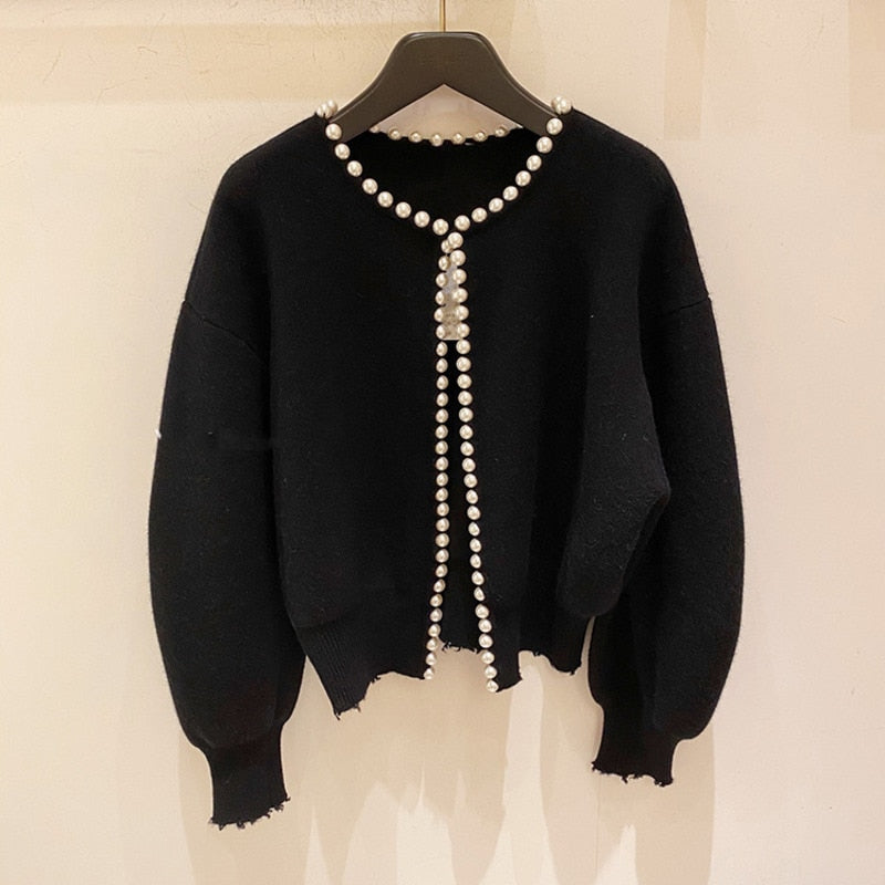 2022 New Fashion Korean Jackets Pearls Cardigan Batwing Sleeve Wool Knit Vintage Women&