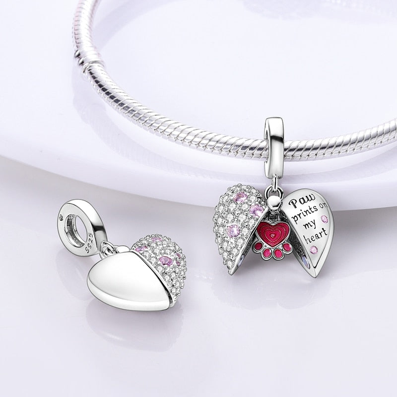 2022 925 Sterling Silver Charm Bead Heart Shaped Paw Print Magnetic Pendant Fits Brand Bracelet Necklace For Women Wedding Gift