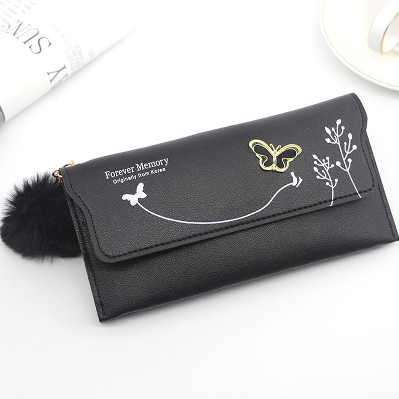 Butterfly Designer Women Long Wallets PU Leather Money Bag Solid Wool Ball Bow Clutch Bag Large Capacity Card Bag Coin Purse