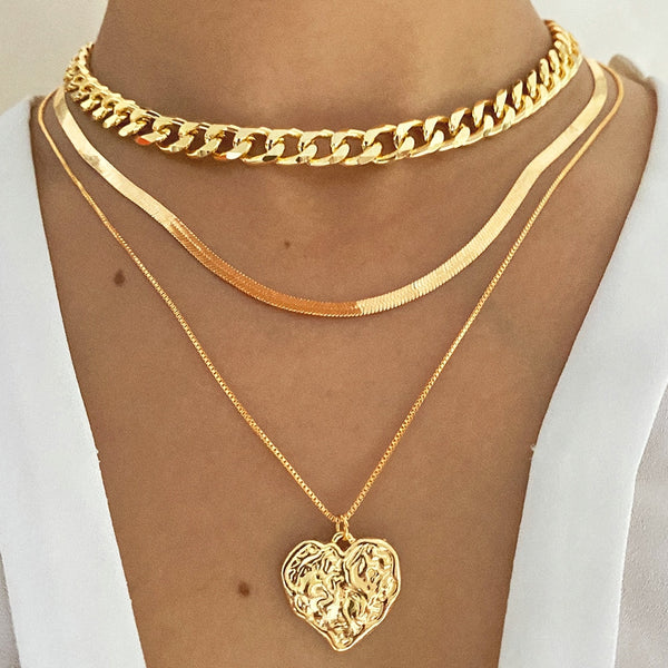 IPARAM Vintage Multi-layer Chains Necklace for Women Gold Color Irregular Heart Pendant Necklaces Fashion Jewelry Party Gift