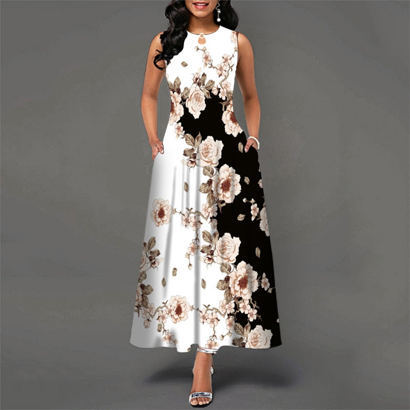 Bohemian Floral Printing Hollow Out Elegant Dresses For Women Large Swing Sexy High Waist Maxi Party Slim Tank Sleeveless Dress