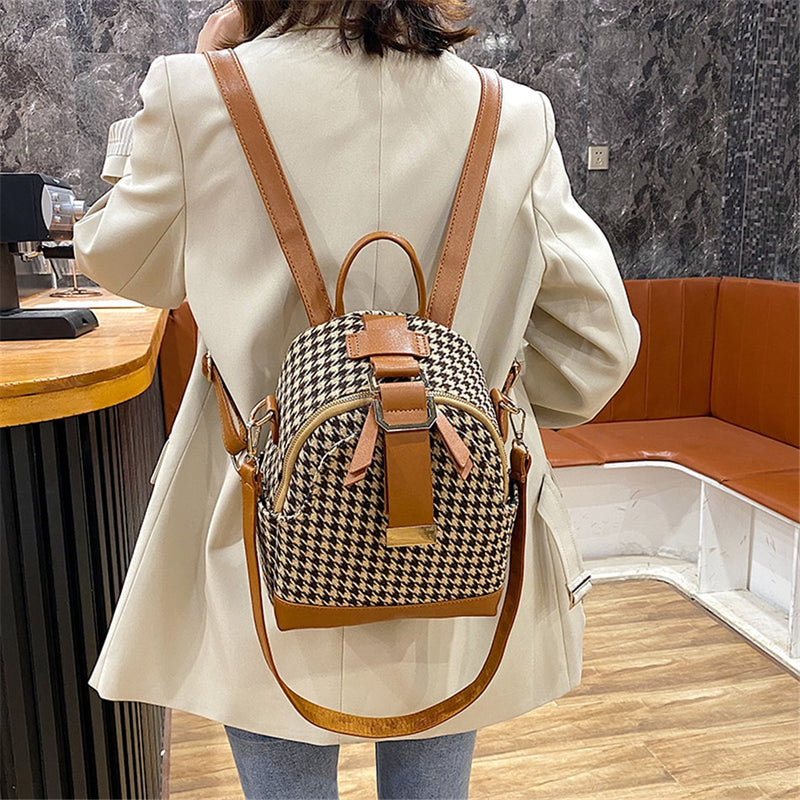 Luxury Brand Women Small Backpack Cotton and Pu Leather Backpacks for Teenager Girls Fashion Multifunction Lady Travel Back Bag