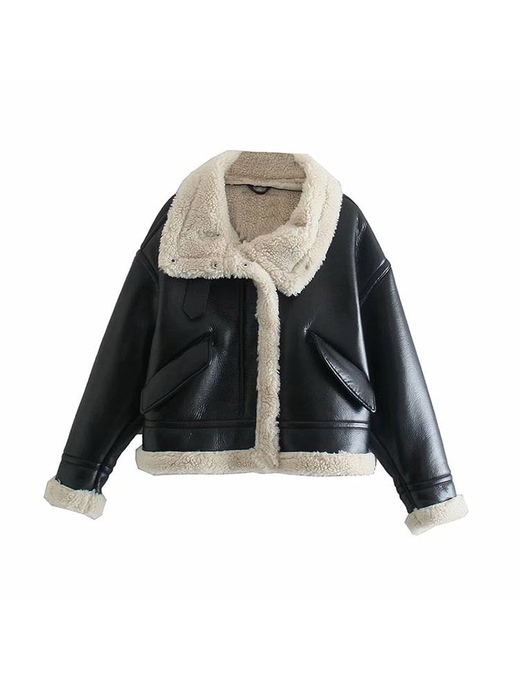 Winter Women Streetwear Faux Lamb Leather Fur Lapel Crop Jacket Autumn Female Moto Biker Thick Warm Sheepskin Outwear Coat