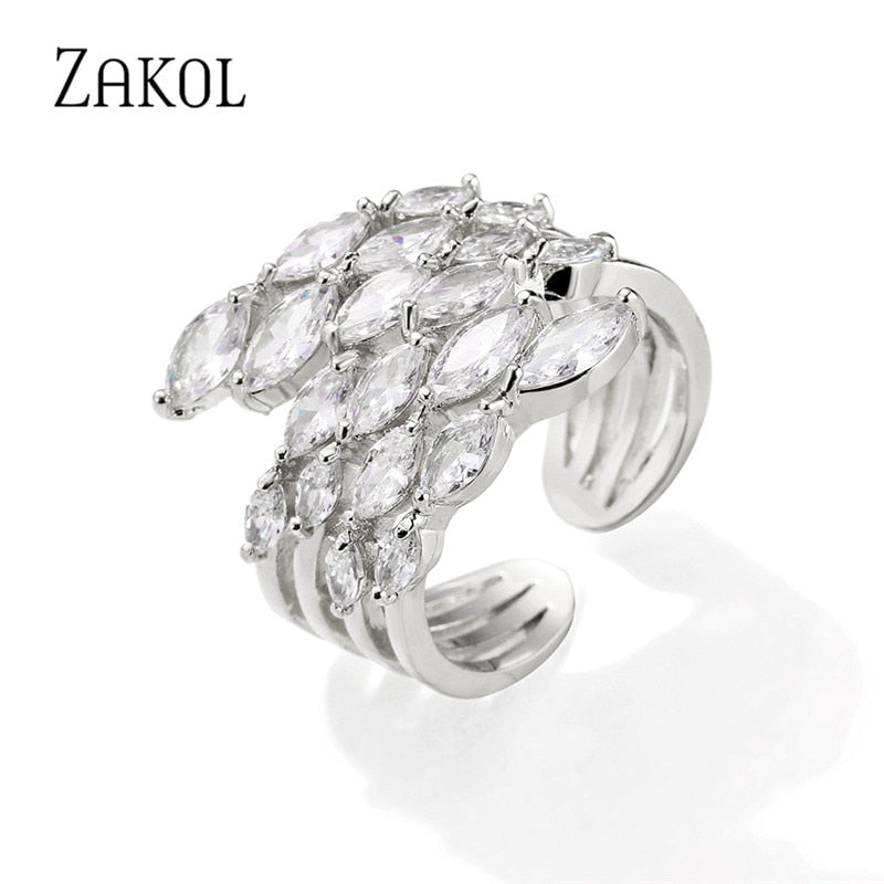 ZAKOL New Fashion Charm AAA Cz Wedding Ring Leaf Shape Clear Cubic Zirconia Rings for Women Party Jewelry Wholesale