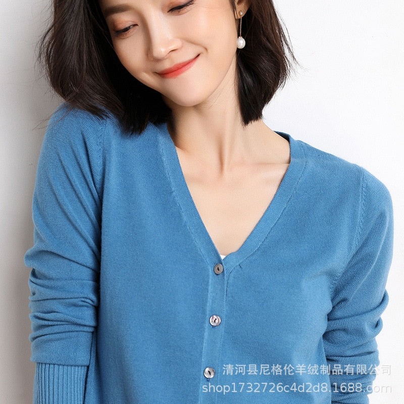 Cardigans Women 2022 Autumn Single Breasted V-neck Knitted Sweater Fashion Short Knitwear Solid Blue Green Pink Women&