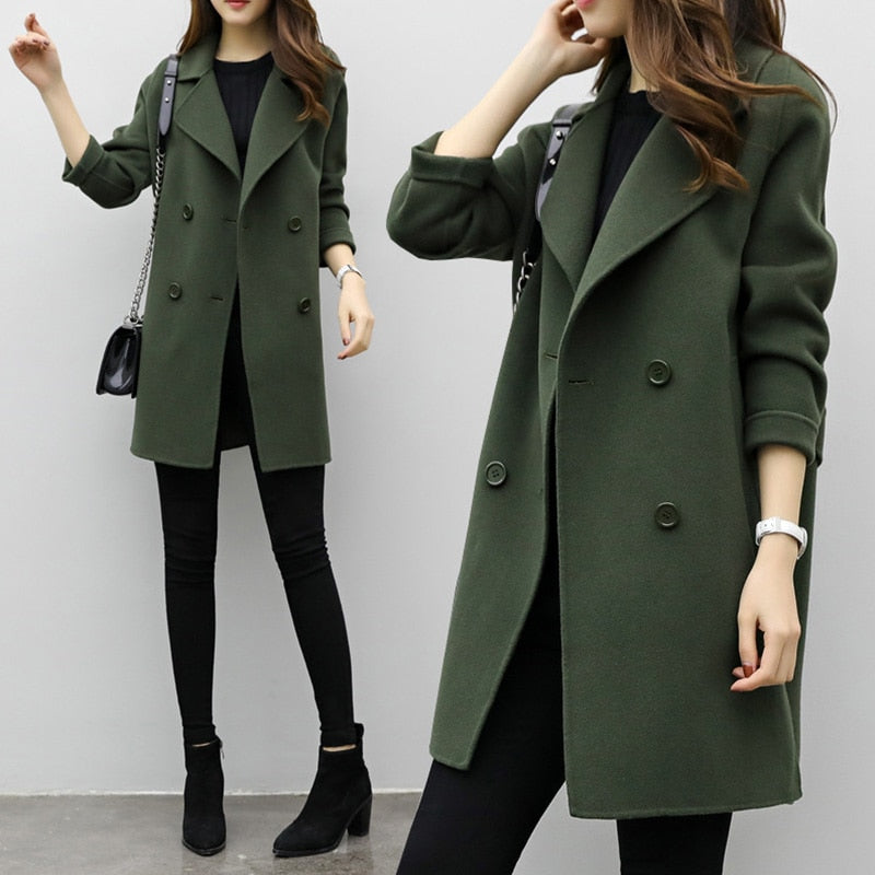 Winter Jacket Women Wool Coat Long Sleeve Turn-down Collar Green Outwear Jacket Casual Autumn Winter Elegant Overcoat