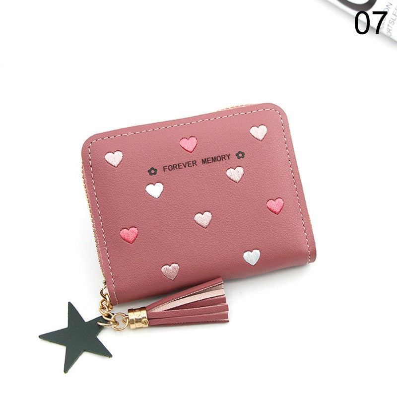 Heart-shaped Spots Women Mini Tassel Wallet Ladies Cute Girl Short Zipper Lovely PU Leather Coin Purse Female Money Bag