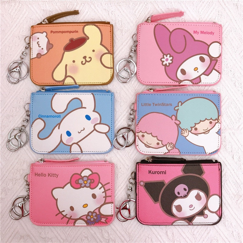 Kawaii  Sanrio Cartoon Bag Cinnamoroll Melody Pachacco Pom Pom Purin Kuromi Leather Card Holder Cute Coin Purse Keychain Pendant