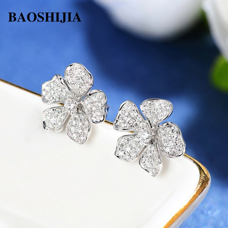 BAOSHIJIA Solid 18k White Gold Flower 1 Carat Natural Diamond Stud Earrings Luxury Women&