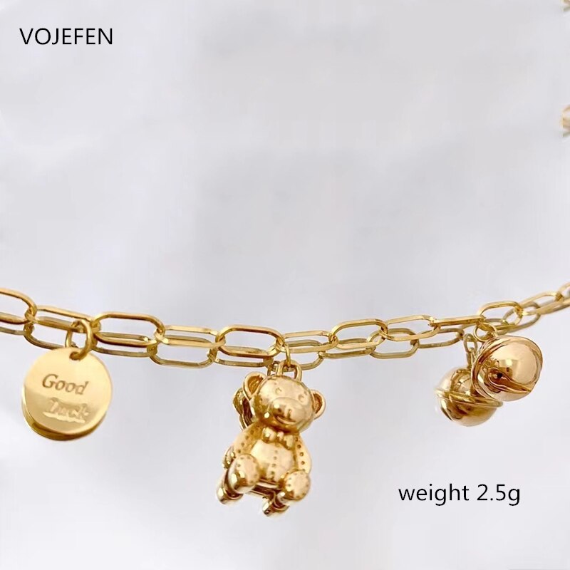 VOJEFEN Genuine 18k Pure Gold Pendants Bracelet Luxury Bear and Bell Lucky Tag Jewelry AU750 Chains Women&