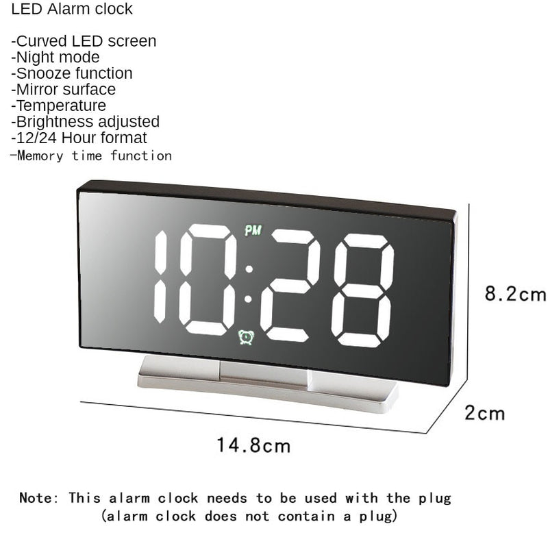 Led Alarm Clock Digital Child Electronic Alarm Clocks Curved Screen Mirror Temperature Clock with Snooze Function Desk Clock