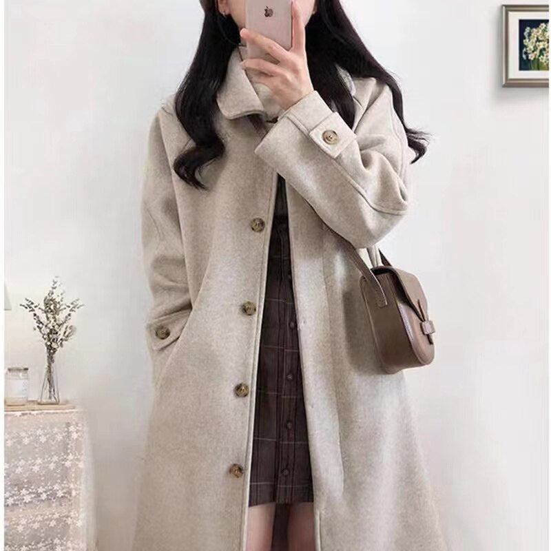 Women‘s Coat Winter Korean Fashion Long Coated Thickened Woolen Winter Coat for Women Black Coat Harajuku