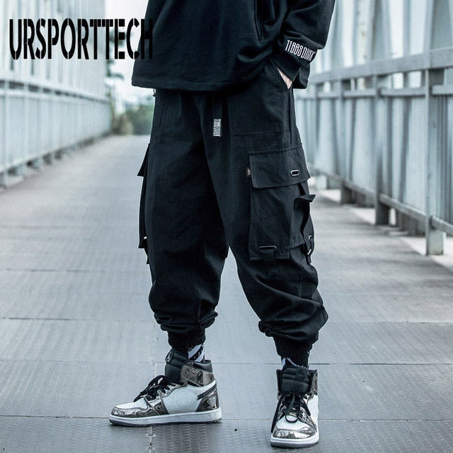 Hip Hop Joggers Men Letter Ribbons Cargo Pants Pockets Track Tactical Casual Techwear Male Trousers Sweatpants Sport Streetwear