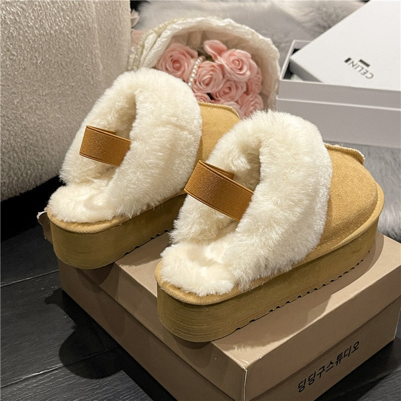 Winter Brand Plush Cotton Slippers Women Flats Shoes 2022 New Fashion Platform Casual Home Suede Fur Warm Slingback Flip Flops