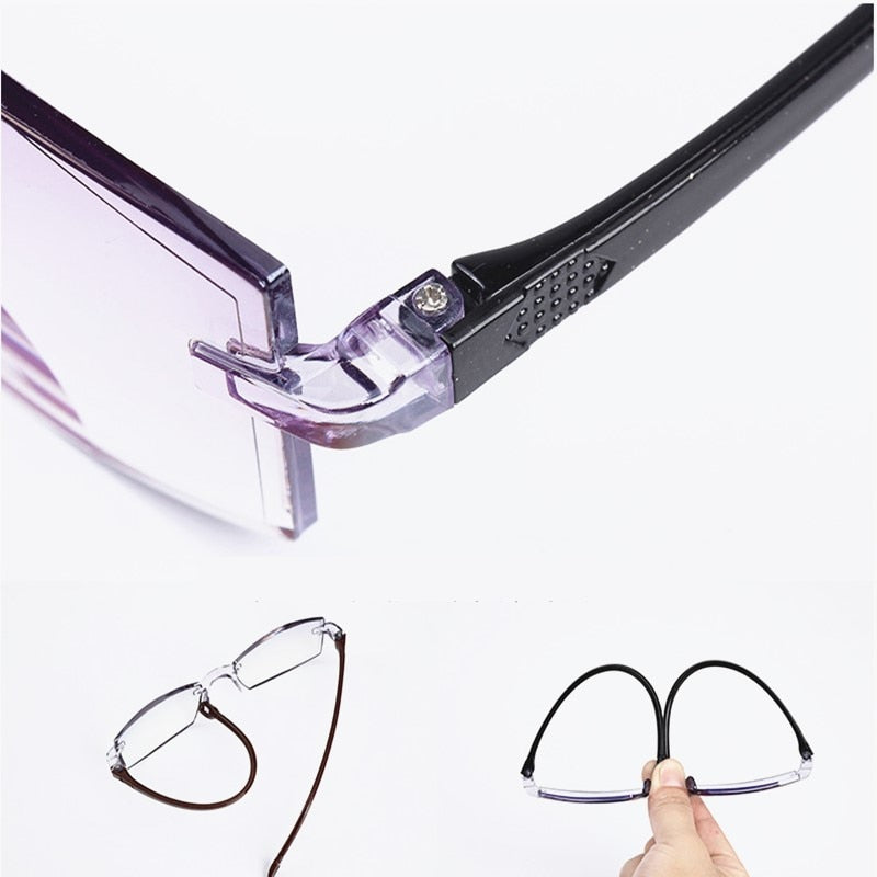 2021 Men Women Rimless Reading Glasses Anti Blue Light Bifocal Far Near Magnification Eyewear Presbyopic Glasses +150 +200