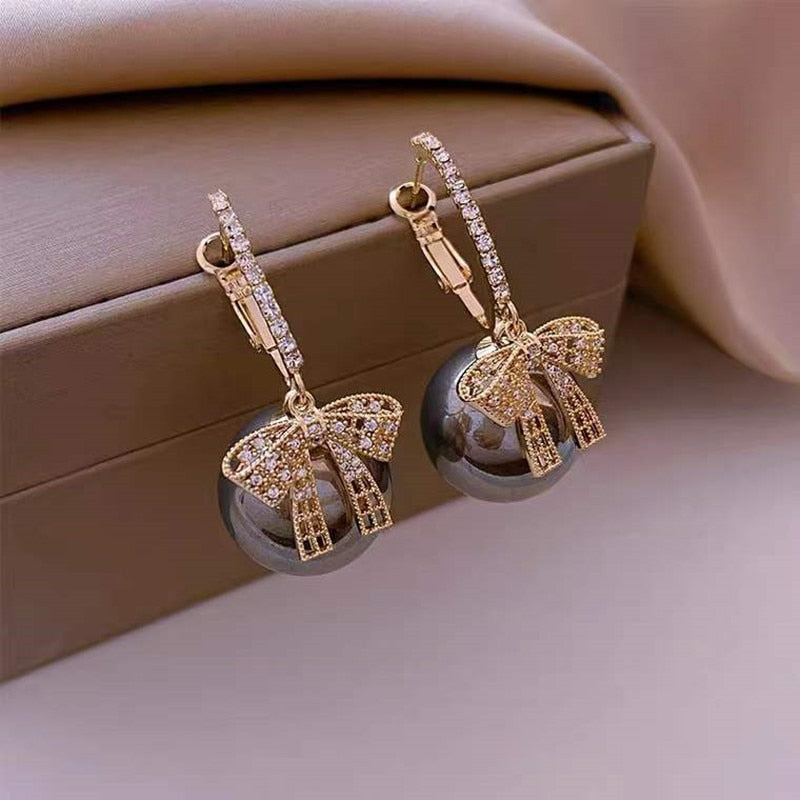 Fashion Trend Crystal Zircon Bow Pendant Earrings For Women Party Girl Imitation Pearl Dangle Earrings Luxury Wholesale Jewelry