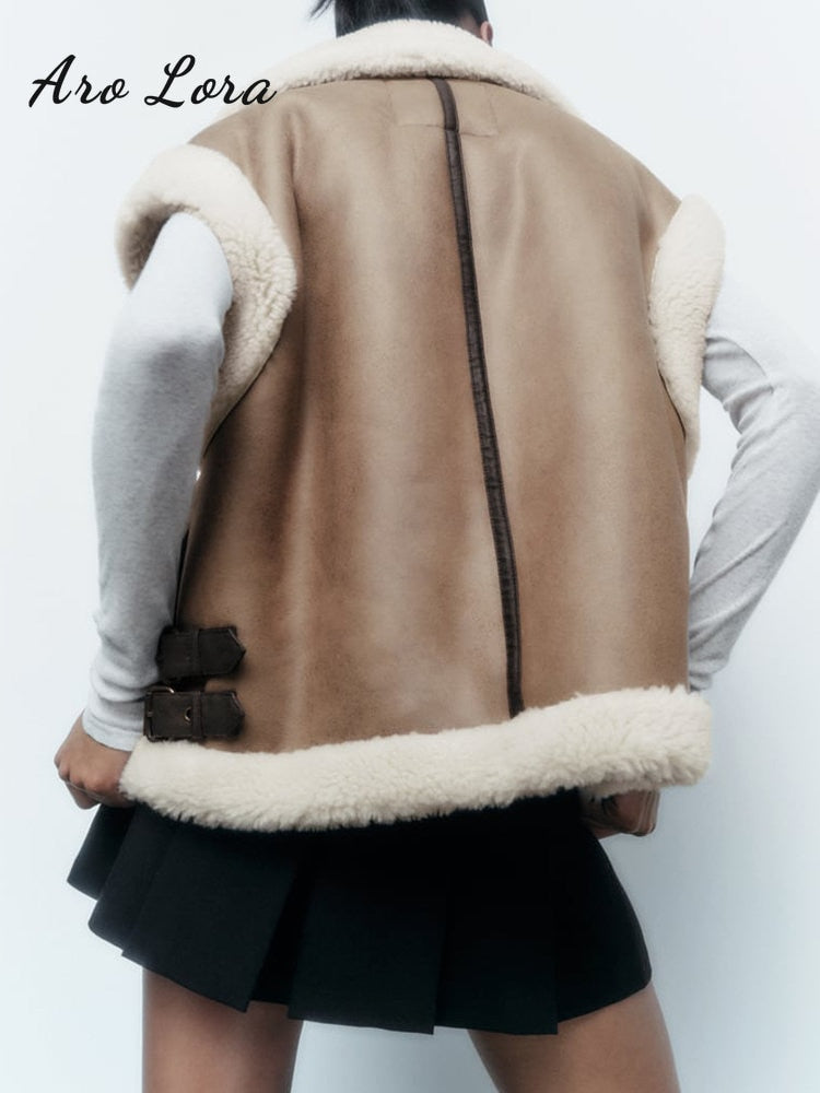 2022 Winter Women Warm Fur Reversible Fleece Coat Jacket Lamb Wool Thickened Locomotive Lapel Female Chic Outwear Teddy Coat
