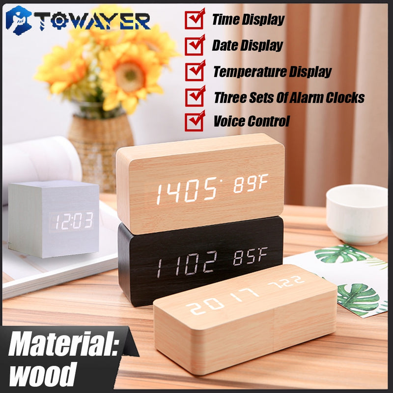 Alarm Clock LED Wooden Digital Table Clock Voice Control Wood Despertador USB/AAA Powered Electronic Desktop Clocks