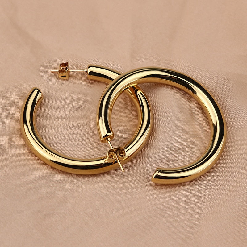 Oversize Gold Plated Hoop Earring Simple Thick Round Circle Stainless Steel Earrings for Women Punk Hiphop Jewelry Brincos 2022