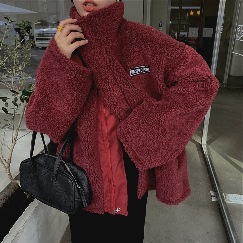 Rimocy Harajuku Two Sides Wear Lamb Wool Coat Women 2022 Autumn Winter Zipper Up Plush Jacket Woman Stand Collar Warm Jackets