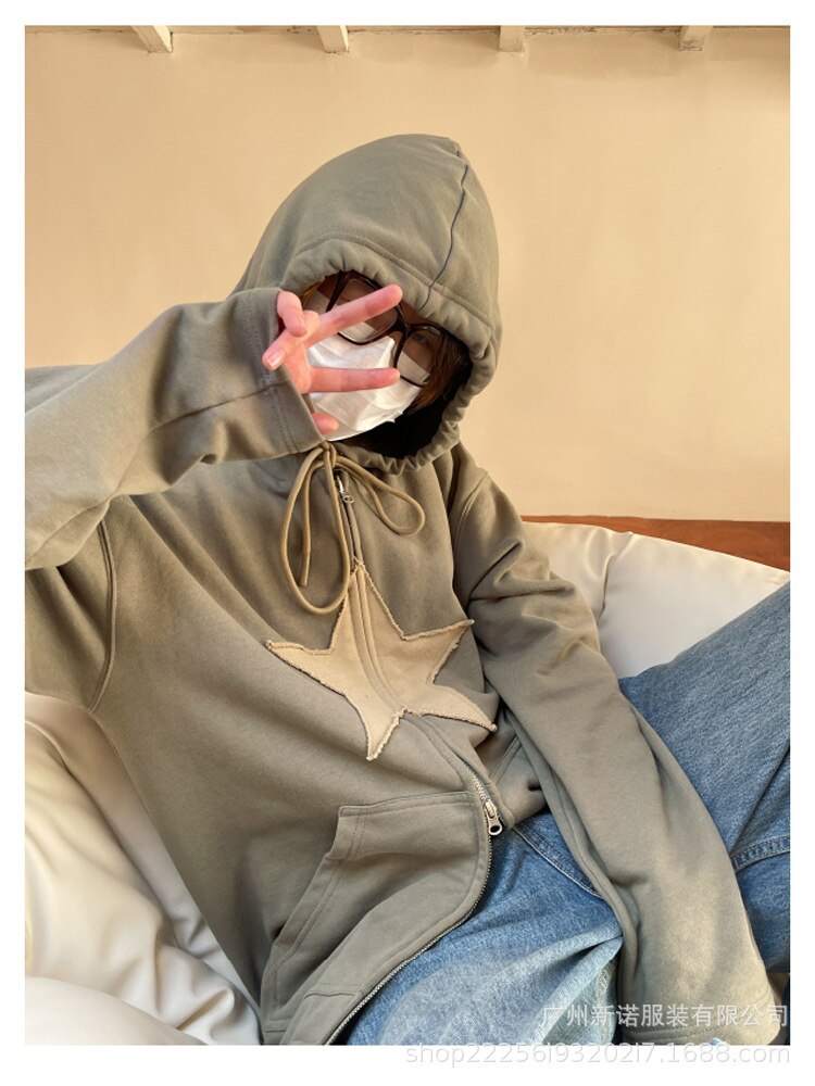 Women Vintage Star Patch Hoodies Men Casual Hip Hop Loose Zipper Jacket Coats Harajuku Punk Gothic Hooded Sweatshirt Y2k Clothes