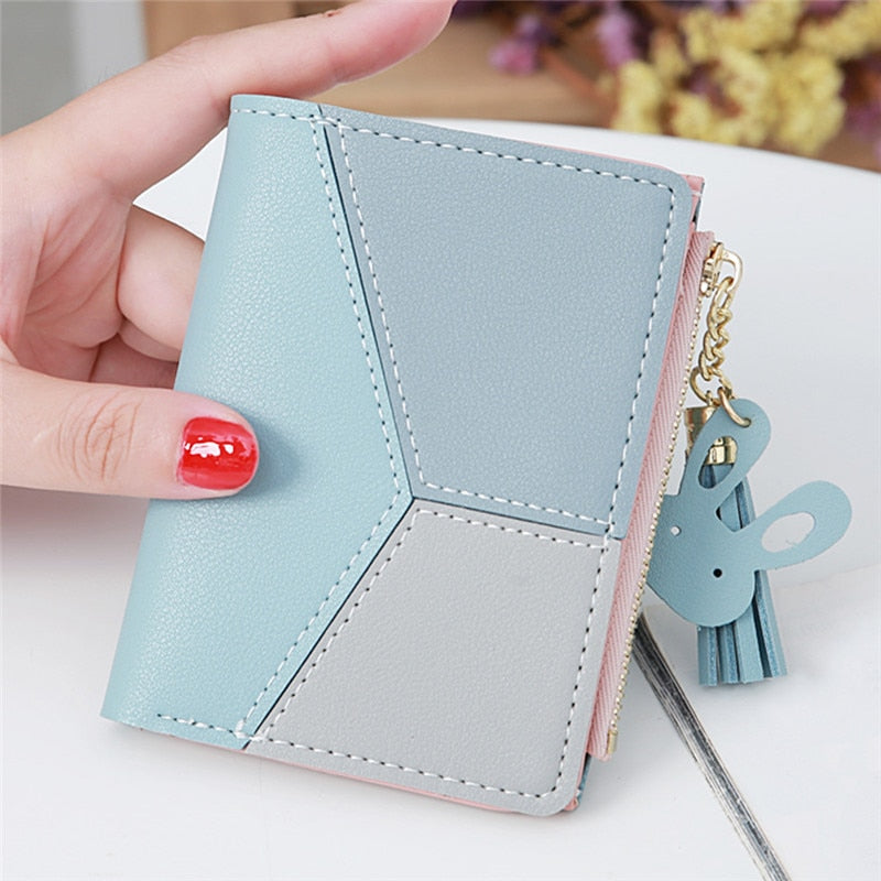 2022 Fashion Small Wallet Women Purse Simple Short Soft Pu Leather Ladies Wallet Card Holder Tassel Patchwork Tri-fold Wallet