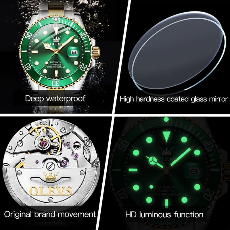 OLEVS Automatic Mechanical Wristwatch Military Sport Date Stainless Steel Male Clock Top Brand Luxury Gold Green Men Watch 6650